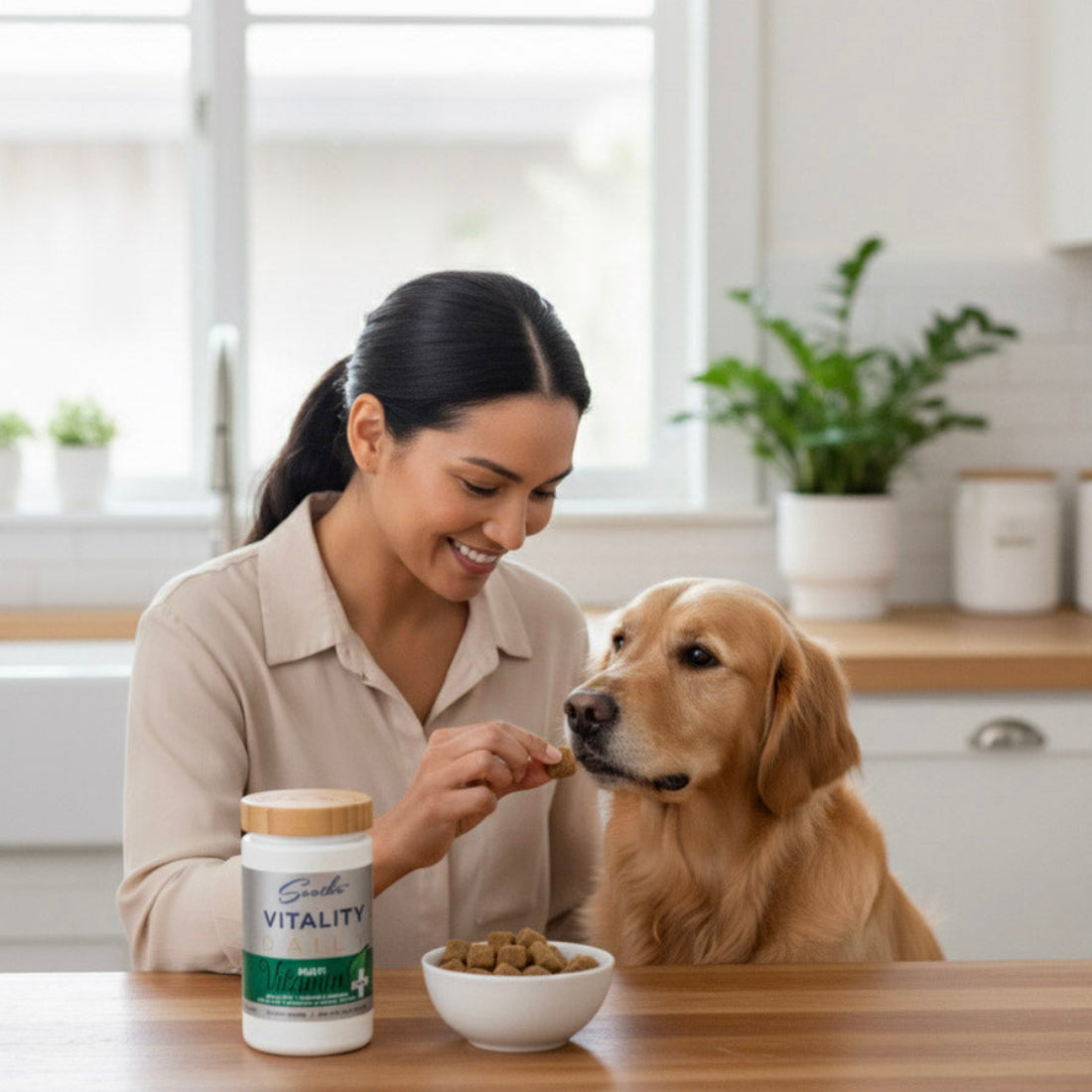 Woman feeding a dog from a bowl with a 'Vitality' supplement container in a kitchen.