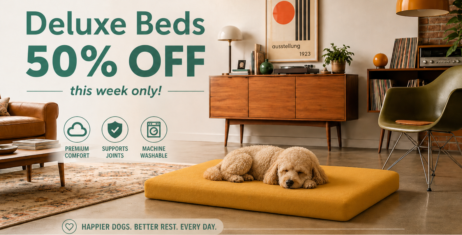 Dog lying on a yellow pet bed in a modern living room with promotional text for Buddy Rest deluxe beds.