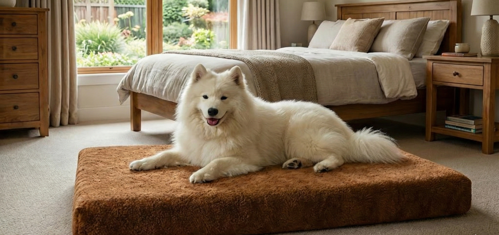 White dog lying on a brown pet bed in a cozy bedroom with a large window.