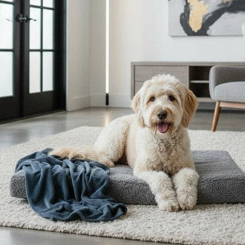 Dog lying on a cushion in a modern living room