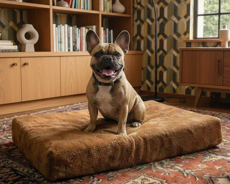 Dog sitting on a brown cushion in a room with wooden furniture and decor.

