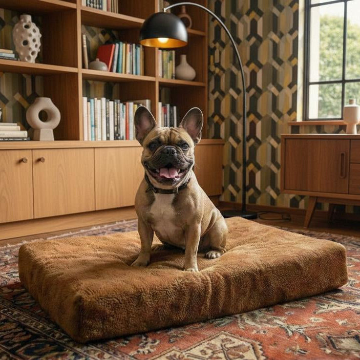 Dog sitting on a brown cushion in a room with wooden furniture and decor.

